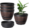 VECELO Plant Pots with Drainage Holes & Saucer, 11.3 Inch Flower Pots with Tray, 4 Pack Plastic Whiskey Barrel Planters for Indoor & Outdoor Garden Home Plants and Flowers by VECELO