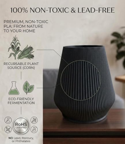 7" Modern Ribbed Planter - Plant-Based Sustainable Vase - Non-Toxic Indoor Pot for Live Plants with Soil or Dried Flowers, Minimalist Decor for Home & Office.(Noir) - Image 2