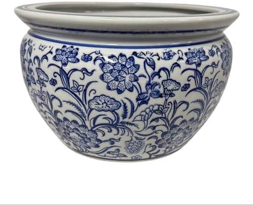 Oriental Lotus Flowers with Fern Design, Blue and White Ceramic Fish Bowl Planter Plant Pot No Drain Hole (8" Diameter x 5" Tall) - Image 3