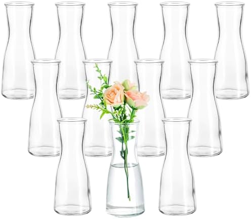 Hewory Glass Bud Vases for Centerpieces - Clear Small Flower Vase Set of 12, Modern Minimalist Cute Mini Decorative Bulk Vases for Wedding Bridal Shower Birthday Party Events Dining Room Table Decor by Hewory