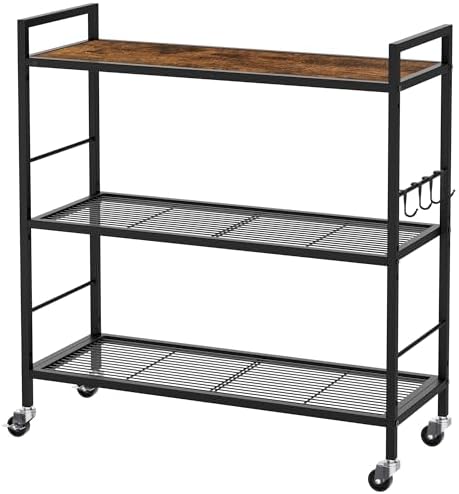 3-Tier Metal Storage Rack with Industrial Wheels,Mesh Shelving Unit with Wooden Table top,Adjustable Shelf,31.5-Inch Width, for Kitchen, Laundry,Pantry,Plant,Black by Unknown