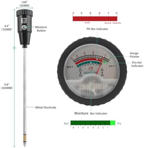 Soil pH Meter & Moisture Meter, 300mm Long Electrode, Soil Tester for Garden, Lawn, Farm, Indoor & Outdoor Use, No Battery Needed - Image 2