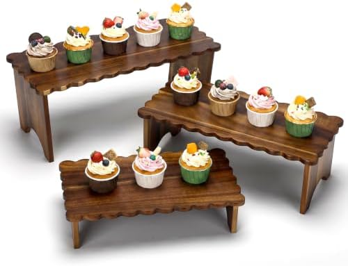 Rtteri 3 Set Scalloped Wooden Cupcake Stand Rustic Home Wood Riser 3 Tier by Rtteri
