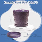 EFISPSS Ceramic Plant Pots, 5 Inch Planters with Drainage Holes and Ceramic Tray, Relief Design Flower Planter, Desktop Office Windowsill Decoration Gift Set of 4 - Purple - Image 2