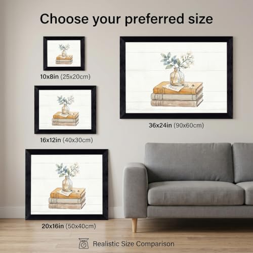 Framed Canvas Wall Art Watercolor Vintage Books and Jasmine Linen Tones with Peace Note Canvas Print Poster Black Frame Wall Decor for Office Study Cozy Library Art, Bookish Decor - Inch 12x16 - Image 3