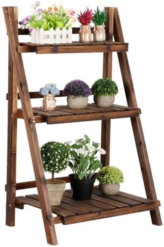 Topeakmart Wooden Plant Stand, 3 Tier Foldable Ladder Plant Stand in Brown by Topeakmart