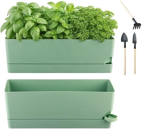 2 Pack Self Watering Pots for Indoor Plants 17 Inches Window Boxes Planters Rectangular Flower Pots Rectangle Herb Pots Large Plant Pots with Drainage Holes and Saucers Windowsill Planter, Green by KvyusFlourish