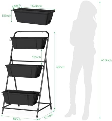 Raised Garden Bed 3 Tier Vertical Garden Planter Elevated Planter Boxes Outdoor Herb Planter with Drainage Holes Removable Tray for Patio Balcony Porch Black - Image 2