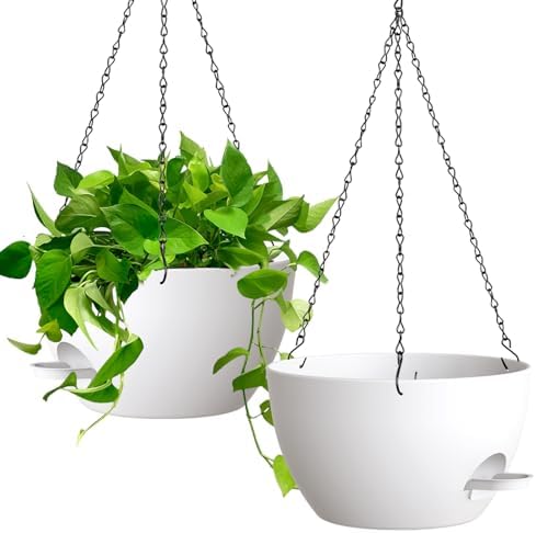 UOUZ 13 Inch 2 Pack Large Self Watering Hanging Planters for Indoor Outdoor Plants, Hanging Plant Pots with Removable 50 Oz Reservoir, Plastic Hanging Basket for Window Porch Garden, White by UOUZ