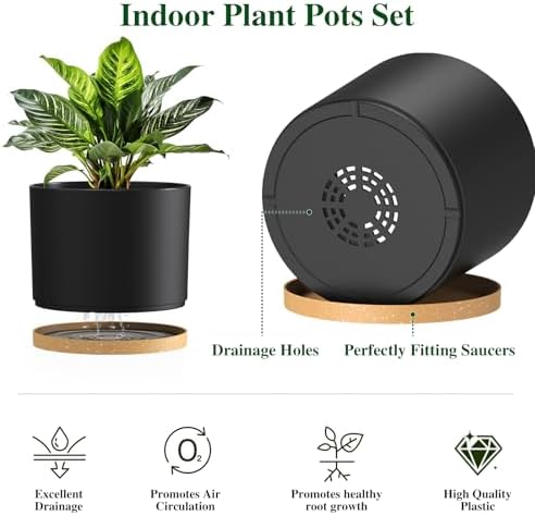 Plant Pots, 10/9/8 Inch 3 Pack Cylindrical Flower Pots with Drainage Holes and Saucers, Plastic Planters for Outdoor Indoor Plants,Black - Image 3