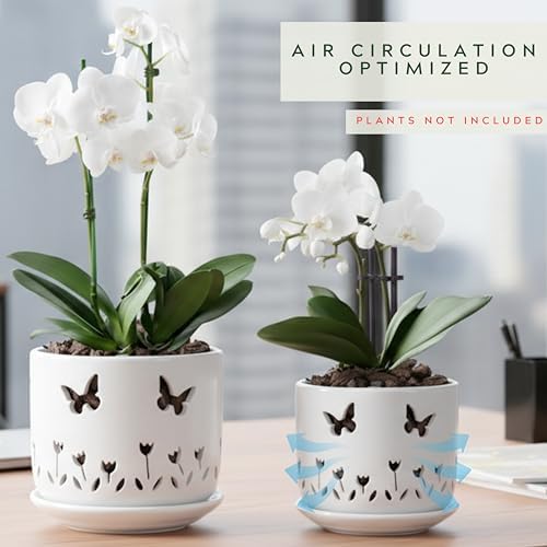 2 Pack, 5 + 6 Inch White Orchid Pots with Butterflies and Tulips Holes, Ceramic Orchid Planters for Repotting with Drainage Holes - Image 3