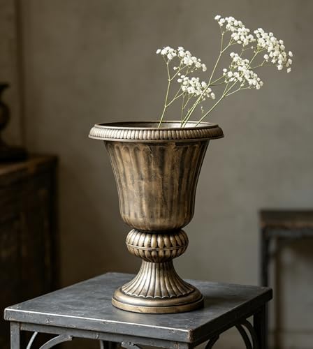 MoNiBloom 20-Inch Plastic Urn Planter Vase – Vintage Roman Flower Pot for Indoor & Outdoor Plants, Patio, Garden, Wedding Decor, Lightweight & Drainage Hole, Retro Home Porch Decor (Brass) by Monibloom