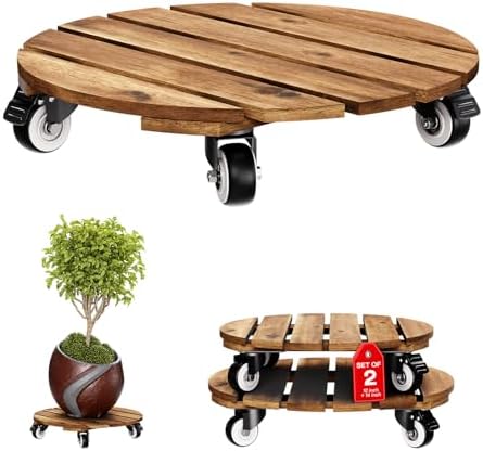 Idzo Combo 12 Inch and 14 Inch Acacia Wood Rolling Round Planter Caddies for Plant Pots, Heavy Duty Plant Stand with 360° Lockable Wheels, 264 lbs Capacity Caddy for Indoor and Outdoor Use, Golden Teak by Idzo