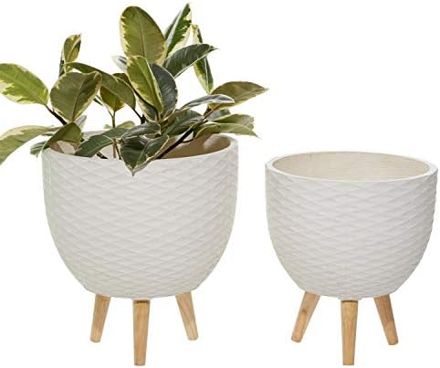 Deco 79 Ceramic Geometric Indoor Outdoor Planter Diamond Patterned Large Planter Pot with Wood Tripod Legs, Set of 2 Planters 16", 14"H, White by Unknown