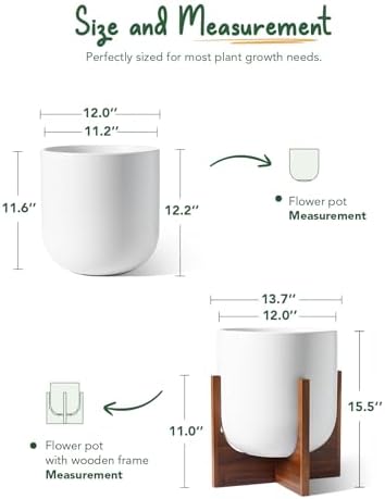 LE TAUCI 12 Inch Pots for Plants with Acacia Wood Stand, Ceramic Large Planters for Indoor Plants, Indoor Planters for Office Living Room, Cylinder Pots with Drainage Hole and Plug, White - Image 3