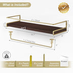 Floating Shelves Bathroom Shelves Over Toilet Set of 2, Bathroom Wall Shelves with Towel Bar, Wall Mounted Vanity Shelf for Bedroom, Kids Room, Kitchen (Brown & Gold) - Image 3