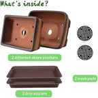 MUZHI Decorative Ceramic Bonsai Planter Pot 8.5 Inch with Tray, Breathable Unglazed Rectangle Terracotta Clay Pot for Tree Succulent Cactus Indoor Outdoor Red Brown (2Pcs Rectangle 6") - Image 4
