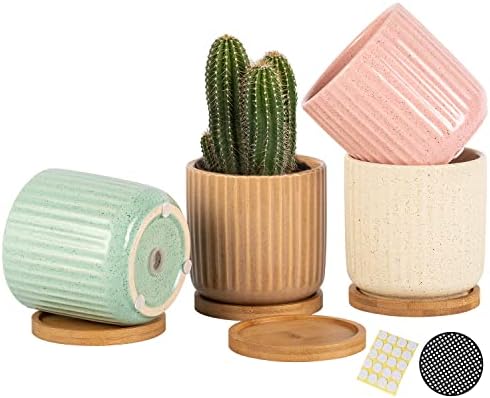 4 Inch Cylinder Ceramic Boho Plant Pots with Drainage Hole and Saucer, Glazed Vertical Pattern Multicolor Flower Pots for Succulent, Snake Plant, Cactus & Herbs, Set of 4 (Plant Not Included) by TAMAYKIM