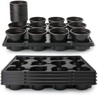 RooTrimmer 4 Inch Plastic Plant Pots 60 Pcs and 12 Cell Nursery Pots Trays 5 Pcs, Thick Sturdy Seeds Starting Germination Shuttle Carrying Trays, Black Small Planter Nursery Propagation 5 Sets by RooTrimmer