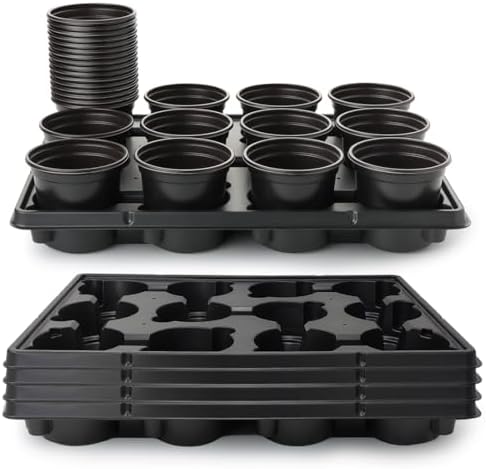 RooTrimmer 4 Inch Plastic Plant Pots 60 Pcs and 12 Cell Nursery Pots Trays 5 Pcs, Thick Sturdy Seeds Starting Germination Shuttle Carrying Trays, Black Small Planter Nursery Propagation 5 Sets by RooTrimmer