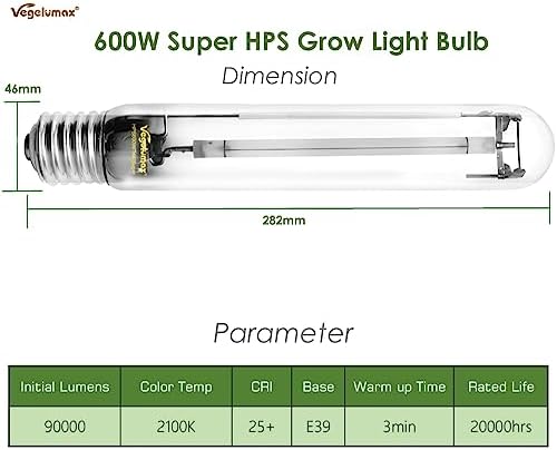 2-Pack 600 Watt Hydroponic High Pressure Sodium HPS Grow Light Bulb Lamp,High PAR Enhanced Red and Orange Spectrum, CCT 2100K, Ultra Bright 90,000 Lumens,E39 Base - Image 3