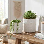 S/2 White Ceramic Planters, Geometric Motif, 6.5" & 5.5" D - Image 3