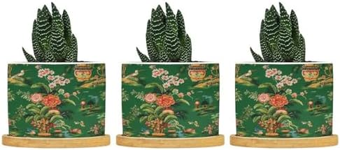 Vase Green Chinoiserie Planter Ceramic Daily Round Flower Pot with Drainage Holes and Bamboo Tray Pot for Indoor Outdoor Garden by BRUYU5SE