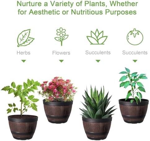 VECELO Plant Pots with Drainage Holes & Saucer, 9/11.3/13 Inch Flower Pots with Tray, 3 Pack Plastic Whiskey Barrel Planters for Indoor & Outdoor Garden Home Plants and Flowers - Image 2