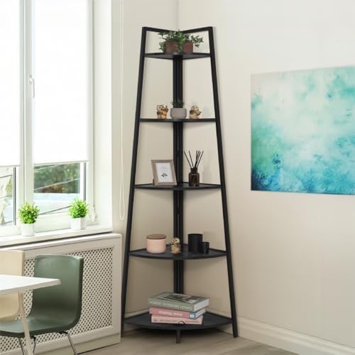 CAPHAUS 5-Tier Corner Shelf Stand, Tall Display Shelves, Ladder Corner Wood Storage Plant Bookshelf with Metal Frame, Versatile Shelving Unit Bookcase for Home Office Space, Black by CAPHAUS