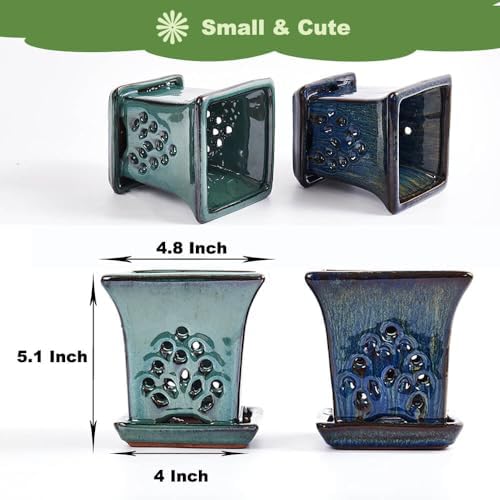 Ceramic Orchid Pots with Holes attached Saucers 4.8 Inches - Set of 2 Small Square Orchid Pots for Repotting, Decorative Ceramic Orchid Planter with Hole for Healthy Root Growth Blue and Green - Image 2