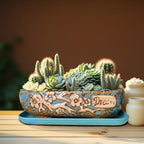 MUZHI 9.5” Rectangular Ceramic Rustic Bonsai Planter Pots with Drip Tray, Glazed Vintage Wide Mouth Shallow Pottery Bonsai Flower Planter Pots with Saucer - Image 6