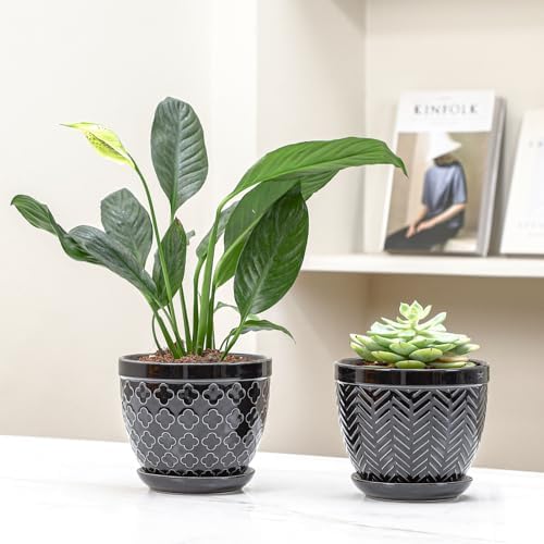 Sureasy Ceramic Indoor Plant Pots - 5.6 Inch Flower Pots for Plants with Drainage Hole and Saucer, Embossed Planter for Succulents, Orchid, Cactus, Indoor Home Decor, Set of 4, Black - Image 6