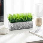 MyGift 14 Inch Artificial Green Grass Plant in Gray Marble Pattern Resin Ribbed Rectangle Planter, Faux Greenery Rectangular Cement Pot Centerpiece Home Décor - Image 3