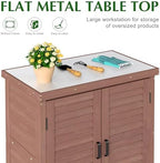 Outdoor Storage Cabinet & Potting Bench Table with Metal Top, Wooden Patio Furniture, Garden Workstation (Dark Brown, 36x31x17in) - Image 4