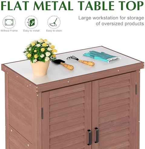 Outdoor Storage Cabinet & Potting Bench Table with Metal Top, Wooden Patio Furniture, Garden Workstation (Dark Brown, 36x31x17in) - Image 4
