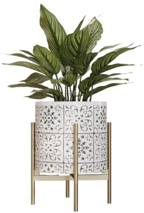 EverNest Tristan White with Black Boho Pattern Plant Pot with Loki Stand, SelectBase Indoor Planter, Neutral Home Decor, Minimalist Artistic Boho Plant Pot (Medium, Gold) by EverNest