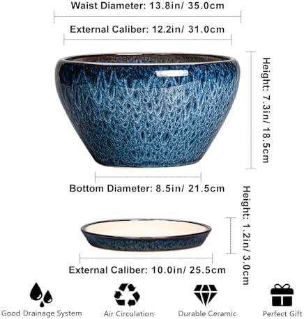 Ceramicfor Ceramic Plant Pots 13 Inch - Indoor Planter with Drainage Hole and Saucer, Decorative Large Planter for Indoor Outdoor Plants, Ceramic Flower Pots, Gifts for Plant Lovers, House Decor, Blue - Image 2