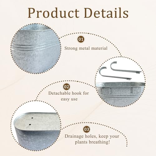 4 Pack 17" Galvanized Hanging Railing Planters with Hooks and Drainage - Image 3