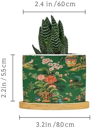 Vase Green Chinoiserie Planter Ceramic Daily Round Flower Pot with Drainage Holes and Bamboo Tray Pot for Indoor Outdoor Garden - Image 2