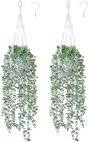 DREAMLOOM 2 Packs Fake Hanging Plants with Pots, Artificial Eucalyptus Hanging Plants with Macrame Hanger for Indoor Decor, Fake Hanging Vines Faux Greenery for Home Kitchen Office by dreamloom