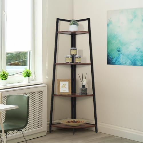 CAPHAUS Tall Corner Shelf Stand, 4-Tier Display Shelves, Ladder Corner Wood Storage Plant Bookshelf with Metal Frame, Versatile Shelving Unit Bookcase for Home Office Space, Rustic Oak by CAPHAUS
