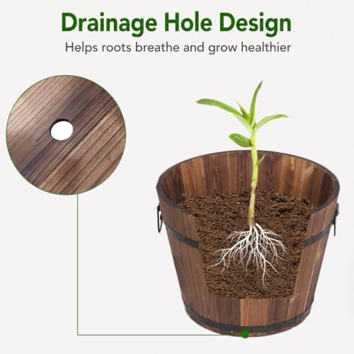 BNSPLY 3 Pcs Whiskey Barrel Planters, Wooden Planter Barrel Set with Handle & Drainage Holes, Rustic Outdoor Flower Pots for Plants, Herbs, Veggies, Indoor Outdoor Use, Brown - Image 5