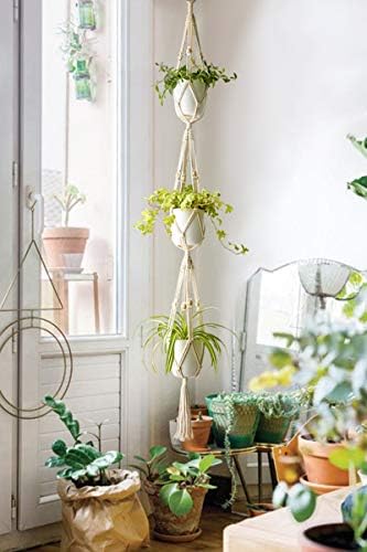 Mkono Macrame Plant Hanger 3 Tier Indoor Outdoor Hanging Planter Basket Cotton Rope with Beads 70 Inches (Pots and Plants NOT Included) (Pack of 3) - Image 2