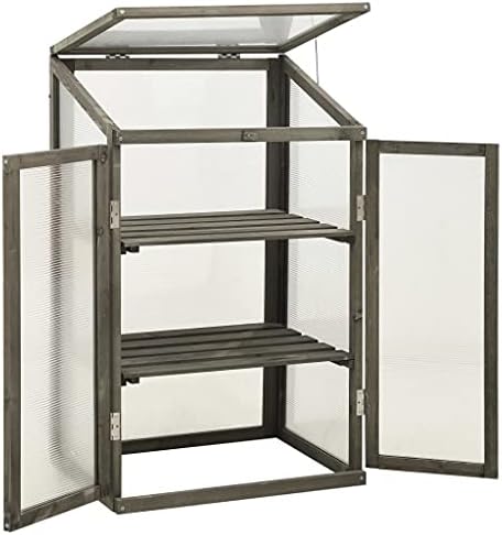 Solid Firwood Garden Portable Greenhouse, Wooden Greenhouse Raised Flower Planter with 2 Shelves and Open Bottom, Garden Portable Mini Greenhouse Cabinet 23.6"x17.7"x39.4"/Gray -AA - Image 2