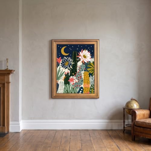 Framed Canvas Wall Art Bohemian Gouache Desert Night Cereus Flowers Navy and Coral Cacti Canvas Print Poster Gold Frame Wall Decor for Living Room Bedroom Boho Art, Desert Decor - Inch 12x16 - Image 7