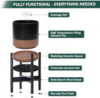 D'vine Dev Ceramic Pot with Ebony Wood Stand, Black/Tan, 12 in, 55-B-H-7 - Image 5