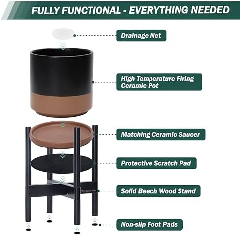 D'vine Dev Ceramic Pot with Ebony Wood Stand, Black/Tan, 12 in, 55-B-H-7 - Image 5