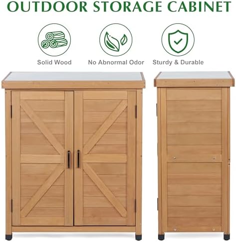 Outdoor Storage Cabinet & Potting Bench Table with Metal Top, Wooden Patio Furniture, Garden Workstation (Light Brwon, 36x31x17in) - Image 5