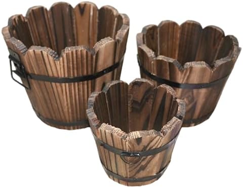 3Pcs Whiskey Barrel Planter Vintage Wooden Barrel Planter with Wavy Mouth & Drainage Hole Decorative Plant Pot with Handles for Indoor Outdoor Garden, Décor de pelouse - Image 2