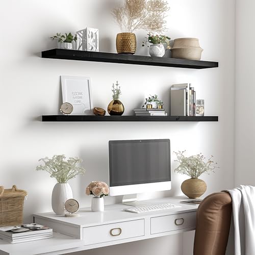 YYWUOJJ Wood Floating Shelves for Wall Decor, Rustic Wall Shelves for Bedroom Bathroom Kitchen Living Room, Set of 4 Black 48 Inch - Image 6